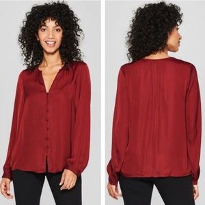 A New Day Women’s Burgundy V-neck button down long sleeve blouse size XS